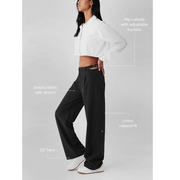 ALO Yoga Mid Rise Showdown Trouser Pant Black XS Straight Wide Leg Hip Cut Outs - Picture 3 of 17